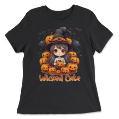 Wicked Cute Chibi Halloween Witch Bats & Jack-o-Lanterns graphic - Women's Relaxed Tee - Black