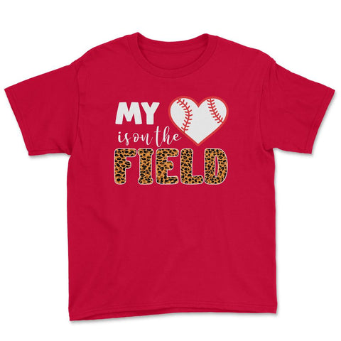 Funny Baseball My Heart Is On That Field Leopard Print Mom print - Red
