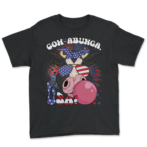 4th of July Cow-abunga, USA! Funny Patriotic Cow design Youth Tee - Black