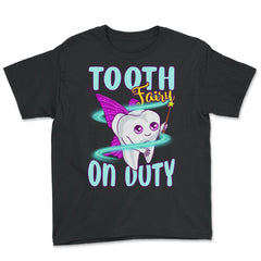 Tooth Fairy on Duty Funny Tooth with Magic Wand & Wings design - Youth Tee - Black