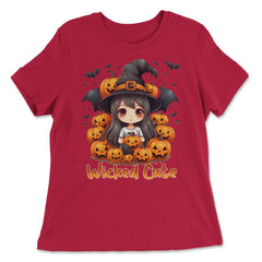 Wicked Cute Chibi Halloween Witch Bats & Jack-o-Lanterns graphic - Women's Relaxed Tee - Red