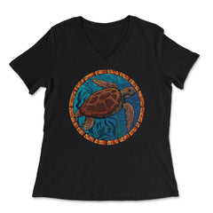 Stained Glass Art Sea Turtle Colorful Glasswork Design print - Women's V-Neck Tee - Black