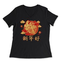 Chinese New Year of the Rabbit 2023 Symbol & Clouds print - Women's V-Neck Tee - Black