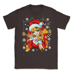 Anime Christmas Santa Anime Girl with Corgi Puppy Funny print Unisex - Brown