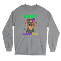 Happy Mardi Gras Funny Chihuahua Dog with Jester Hat & Beads print - Long Sleeve T-Shirt - Grey Heather