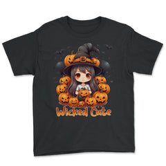 Wicked Cute Chibi Halloween Witch Bats & Jack-o-Lanterns graphic - Youth Tee - Black