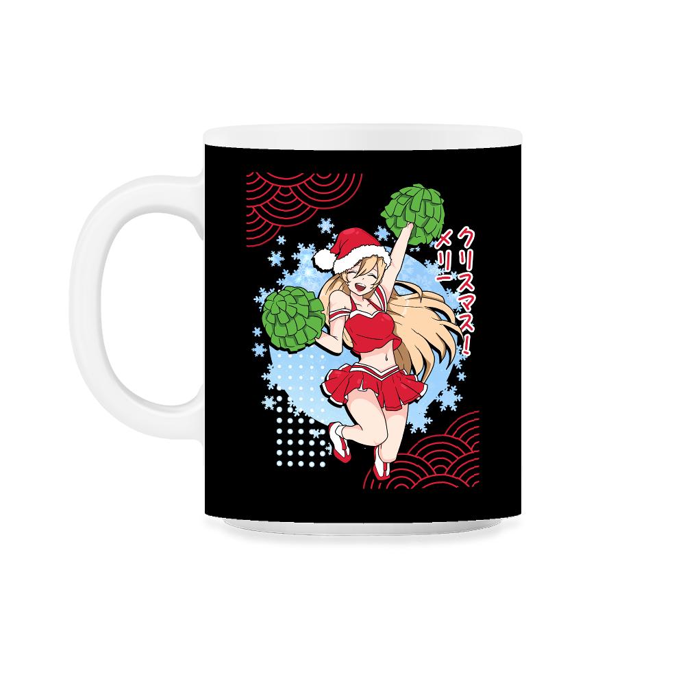 Cheerleader Anime Christmas Santa Girl with Pom Poms Funny print 11oz - Black on White
