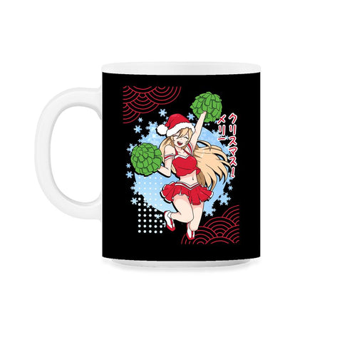 Cheerleader Anime Christmas Santa Girl with Pom Poms Funny print 11oz - Black on White