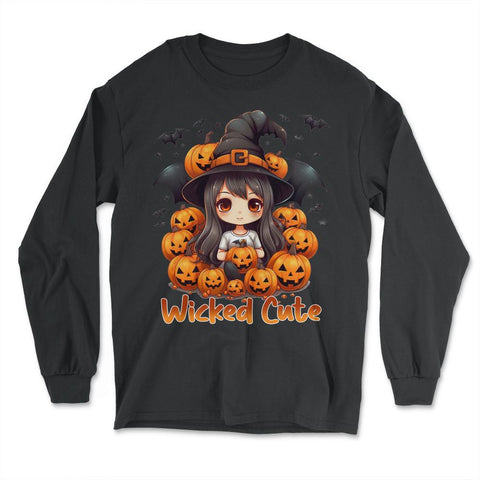 Wicked Cute Chibi Halloween Witch Bats & Jack-o-Lanterns graphic - Long Sleeve T-Shirt - Black