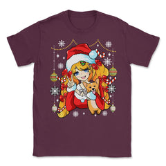 Anime Christmas Santa Anime Girl with Corgi Puppy Funny print Unisex - Maroon