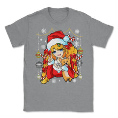 Anime Christmas Santa Anime Girl with Corgi Puppy Funny print Unisex - Grey Heather