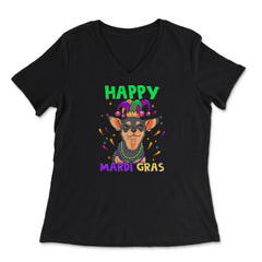 Happy Mardi Gras Funny Chihuahua Dog with Jester Hat & Beads print - Women's V-Neck Tee - Black