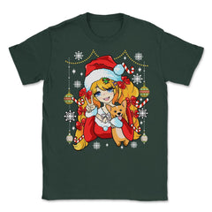 Anime Christmas Santa Anime Girl with Corgi Puppy Funny print Unisex - Forest Green