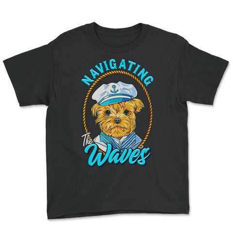 Yorkshire Sailor Navigating the Waves Yorkie Puppy print Youth Tee - Black