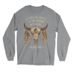 Cow Skull & Peacock Feathers Tribal Native Americans design - Long Sleeve T-Shirt - Grey Heather