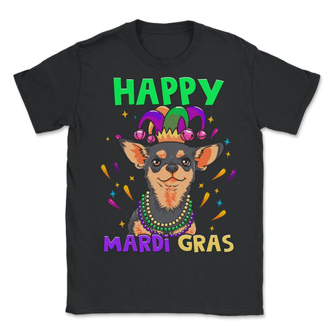 Happy Mardi Gras Funny Chihuahua Dog with Jester Hat & Beads print - Unisex T-Shirt - Black