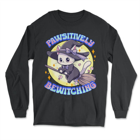 Pawsitively Bewitching Kawaii Kitten Witch Design print - Long Sleeve T-Shirt - Black