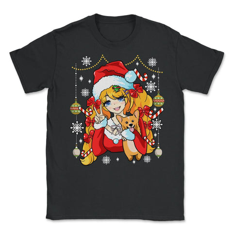 Anime Christmas Santa Anime Girl with Corgi Puppy Funny print Unisex - Black