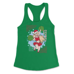 Cheerleader Anime Christmas Santa Girl with Pom Poms Funny print - Kelly Green