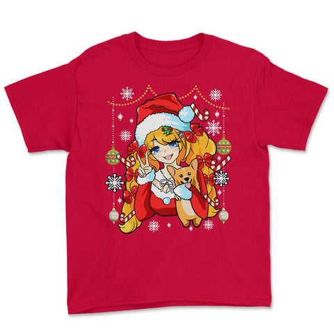 Anime Christmas Santa Anime Girl with Corgi Puppy Funny print Youth - Red