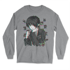 Emo Glitch Japanese Sad Anime Boy Glitchcore Emo graphic - Long Sleeve T-Shirt - Grey Heather