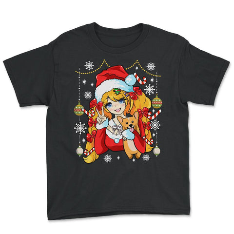 Anime Christmas Santa Anime Girl with Corgi Puppy Funny print Youth - Black