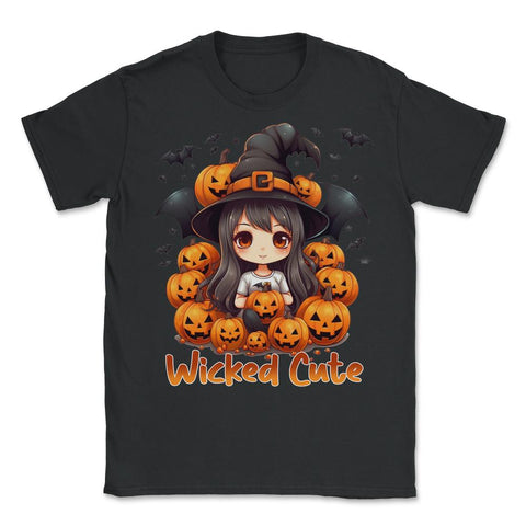 Wicked Cute Chibi Halloween Witch Bats & Jack-o-Lanterns graphic - Unisex T-Shirt - Black