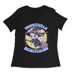 Pawsitively Bewitching Cat Witch Design graphic - Women's V-Neck Tee - Black