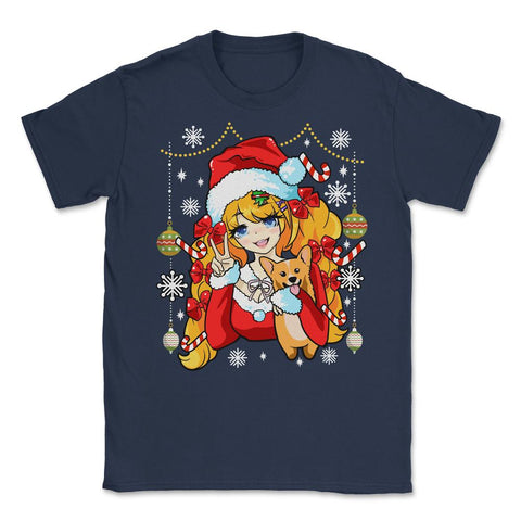 Anime Christmas Santa Anime Girl with Corgi Puppy Funny print Unisex - Navy