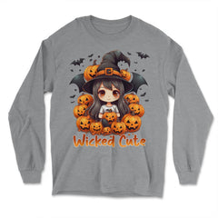 Wicked Cute Chibi Halloween Witch Bats & Jack-o-Lanterns graphic - Long Sleeve T-Shirt - Grey Heather