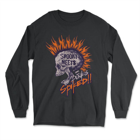 Spooky Meets Spiked Punk Skeleton with Fire Hair design - Long Sleeve T-Shirt - Black