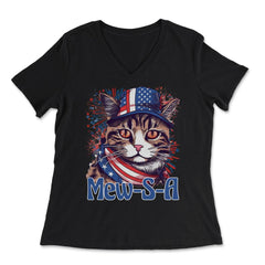 4th of July Mew-S-A Pawsitively Patriotic Cat graphic - Women's V-Neck Tee - Black