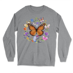 Pollinator Butterflies & Flowers Cottage core Aesthetic product - Long Sleeve T-Shirt - Grey Heather