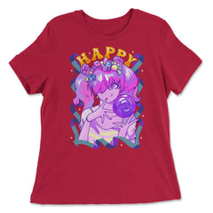 Harajuku Street Fashion Happy Anime Girl with Lollipop graphic - Women's Relaxed Tee - Red