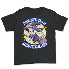 Pawsitively Bewitching Cat Witch Design graphic - Youth Tee - Black