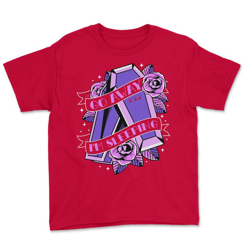 Pastel Goth Cute Go Away I’m Sleeping Coffin RIP print Youth Tee - Red