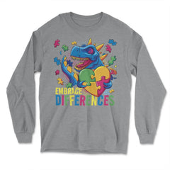 Autism Awareness Embrace Differences T-Rex Dinosaur design - Long Sleeve T-Shirt - Grey Heather