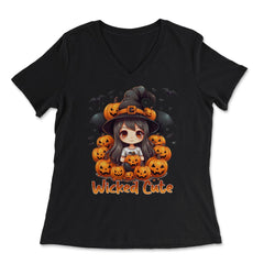 Wicked Cute Chibi Halloween Witch Bats & Jack-o-Lanterns graphic - Women's V-Neck Tee - Black