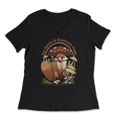 Cute Fox With Mushroom Hat Forest Adventure Design graphic - Women's V-Neck Tee - Black