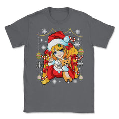 Anime Christmas Santa Anime Girl with Corgi Puppy Funny print Unisex - Smoke Grey