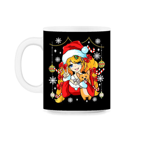 Anime Christmas Santa Anime Girl with Corgi Puppy Funny print 11oz Mug - Black on White
