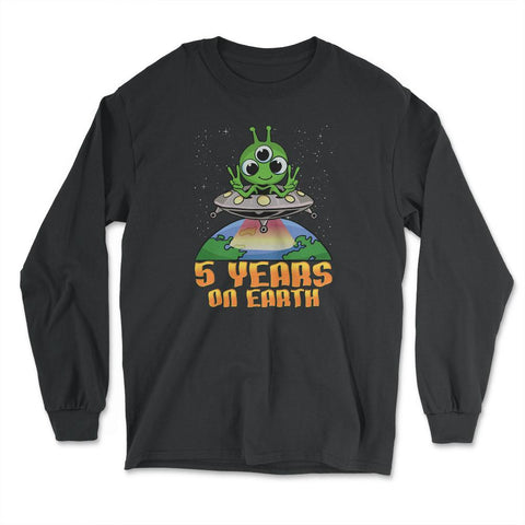 Science Birthday Alien UFO & Earth Science 5th Birthday design - Long Sleeve T-Shirt - Black