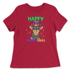 Happy Mardi Gras Funny Chihuahua Dog with Jester Hat & Beads print - Women's Relaxed Tee - Red