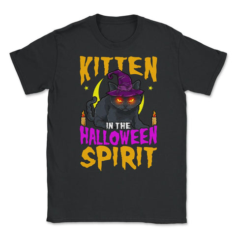 Kitten in the Halloween Spirit Cute Cat with Witch Unisex T-Shirt - Black