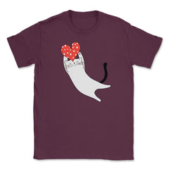 Happy Valentine Cat with Heart Funny Gift print Unisex T-Shirt - Maroon