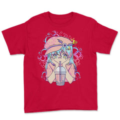 Anime Pastel Girl Drinking Bubble Tea Boba Lover Gift print Youth Tee - Red