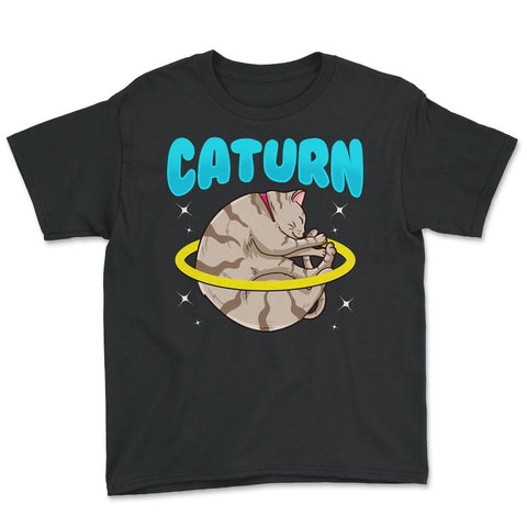 Caturn Cat in Space Planet Saturn Kitty Funny Design design Youth Tee - Black