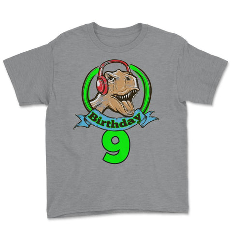 9 year old Birthday T-Rex Dinosaur with Headphones graphic Youth Tee - Grey Heather