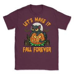 Funny & Cute Cat with Jack o Lantern Halloween Unisex T-Shirt - Maroon