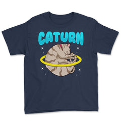 Caturn Cat in Space Planet Saturn Kitty Funny Design design Youth Tee - Navy